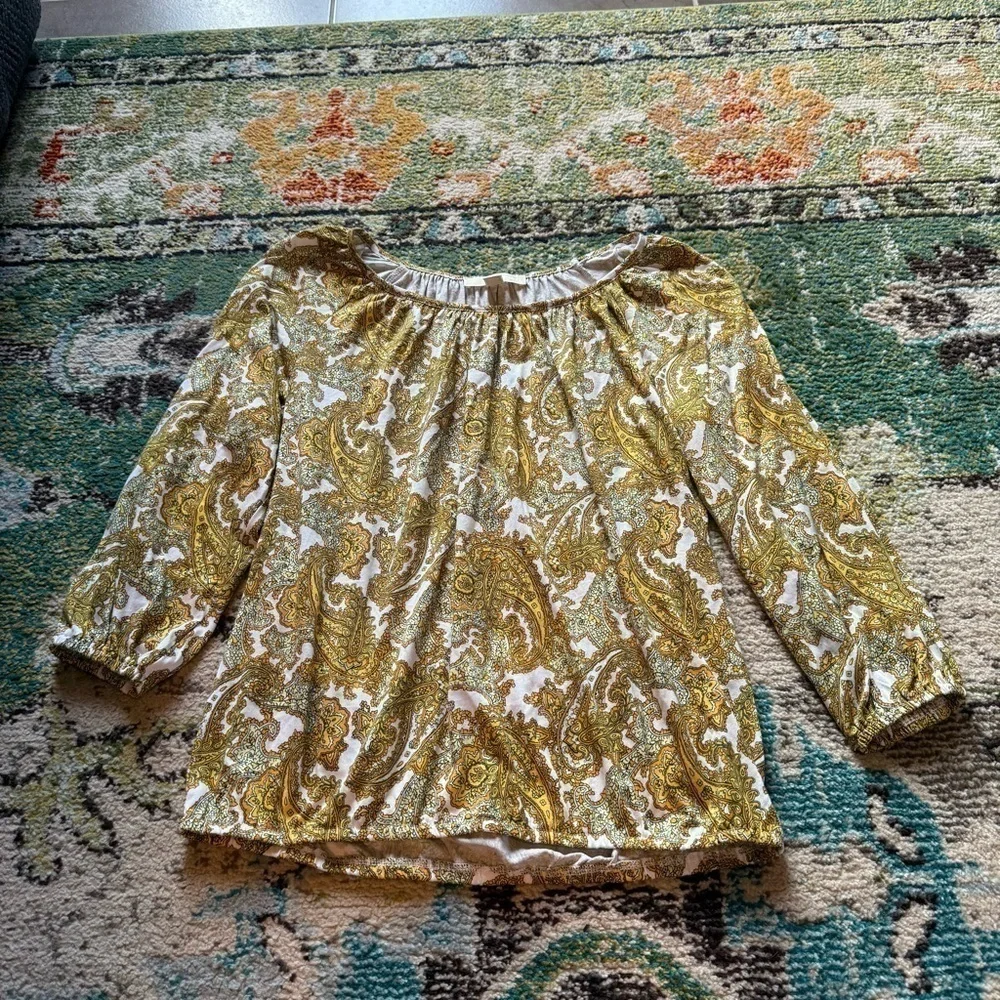 Michael Kors Paisley Boho Peasant Blouse Green Gold 3/4 Sleeve Top Small